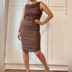 Marina Rossi Women's Brown Ruched Bodycon Semi Sheer Midi Dress M Party Wear